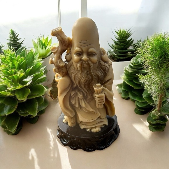 VINTAGE SHOU LAO FIGURINE – GOD OF LONGEVITY WITH STAFF AND SCROLL - Picture 1 of 6